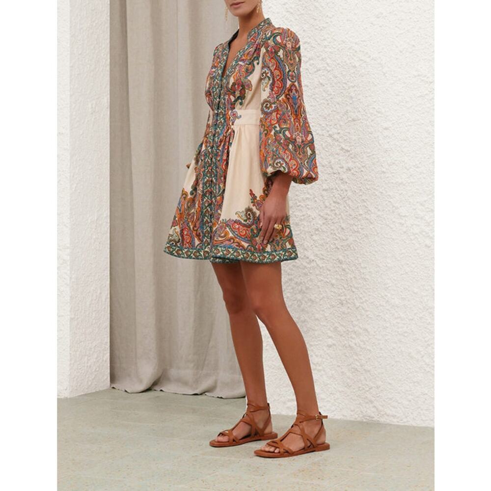 Zimmermann Ottie Plunge Mini Dress Multicolor Paisley Linen Floral Logo XS 0 - Picture 12 of 12